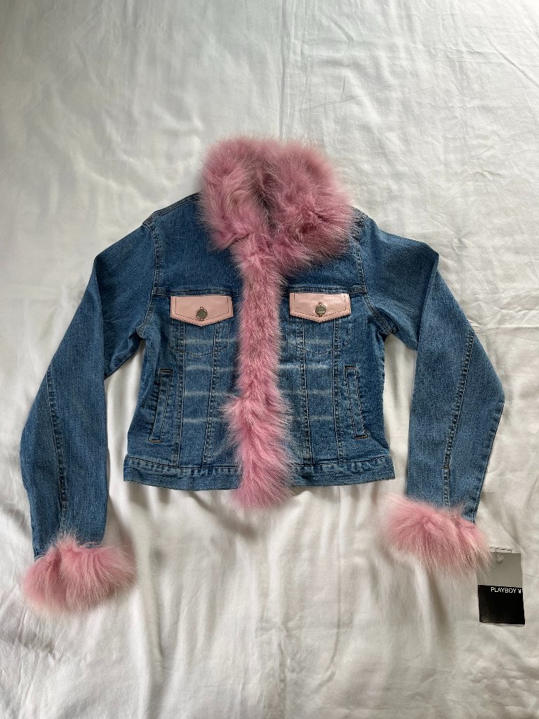 Playboy Vintage 90s Denim And Pink Fox Fur Playboy Bunny Jacket (Nwt)